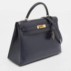 Pre Owned Hermes Bleu Marine Box Leather Gold Finish Kelly Sellier 32 Bag