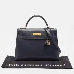 Pre Owned Hermes Bleu Marine Box Leather Gold Finish Kelly Sellier 32 Bag