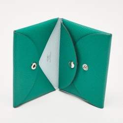Pre Owned Hermes Menthe/Bleu Brume Epsom Leather Calvi Duo Card Holder