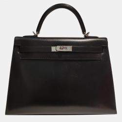 Pre Owned Hermes Black Box Leather Kelly 32 PHW Bag