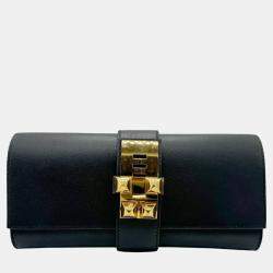 Hermes Swift Leather Black Gold Medor Clutch Bag PM