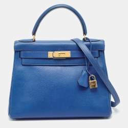 Pre Owned Hermes Bleu Courchevel Leather Gold Finish Kelly Retourne 28 Bag