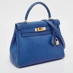 Pre Owned Hermes Bleu Courchevel Leather Gold Finish Kelly Retourne 28 Bag