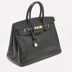 Hermes Noir Box Leather Gold Finish Birkin 35 Bag