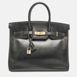Hermes Noir Box Leather Gold Finish Birkin 35 Bag