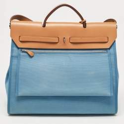 Pre Owned Hermes Bleu Azur/Natural Toile and Vache Hunter Herbag Zip 39 Bag
