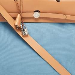 Pre Owned Hermes Bleu Azur/Natural Toile and Vache Hunter Herbag Zip 39 Bag
