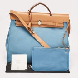 Pre Owned Hermes Bleu Azur/Natural Toile and Vache Hunter Herbag Zip 39 Bag