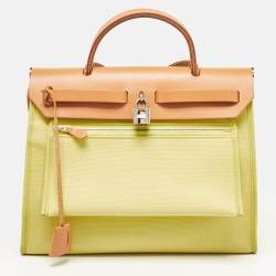 Pre Owned Hermes Lime/Natural Toile and Vache Hunter Herbag Zip 31 Bag
