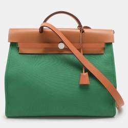 Hermès Natural/Green Toile Canvas and Vache Hunter Leather Herbag Zip 39 Bag