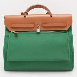 Hermès Natural/Green Toile Canvas and Vache Hunter Leather Herbag Zip 39 Bag