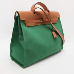 Hermès Natural/Green Toile Canvas and Vache Hunter Leather Herbag Zip 39 Bag