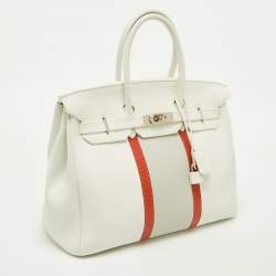 Hermes Blanc/Gris Perle/Sanguine Taurillon Clemence Leather Lizard Club Palladium Finish Birkin 35 Bag