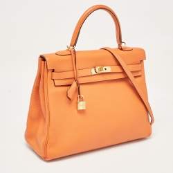 Hermes Orange Taurillon Clemence Leather Gold Finish Kelly Retourne 35 Bag