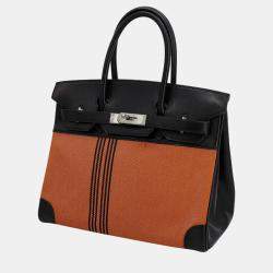 Pre Owned Hermes Orange/Black Toile H Box Calf Leather Birkin 30 Bag