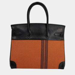 Pre Owned Hermes Orange/Black Toile H Box Calf Leather Birkin 30 Bag