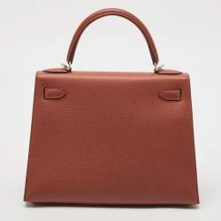 Pre Owned Hermès Brique/Celeste/Cardamome Clemence/Tadelakt/Chevre Leather Palladium Finish Kellygraphie "Lettre E" Kelly Sellier 28 Bag