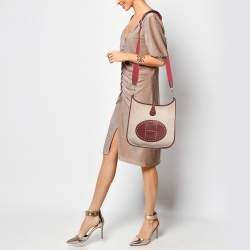 Hermes Rouge H/Beige Taurillon Clemence Leather and Canvas Evelyne III PM Bag