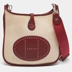 Hermes Rouge H/Beige Taurillon Clemence Leather and Canvas Evelyne III PM Bag