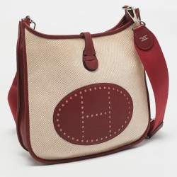 Hermes Rouge H/Beige Taurillon Clemence Leather and Canvas Evelyne III PM Bag