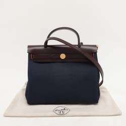Pre Owned Hermès Navy Blue/Brown Toile Canvas and Leather Herbag Zip 31 Bag