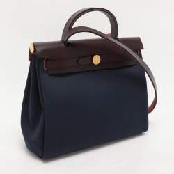 Pre Owned Hermès Navy Blue/Brown Toile Canvas and Leather Herbag Zip 31 Bag