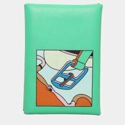 Hermes Vert Comics Swift Leather Saddle Printed Calvi Duo Wallet