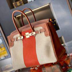 Hermes Fauve, Naturel and Paprika Toile and Barenia Flag Birkin 35 Handbag