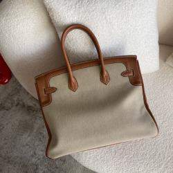 Hermes Fauve, Naturel and Paprika Toile and Barenia Flag Birkin 35 Handbag