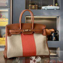 Hermes Fauve, Naturel and Paprika Toile and Barenia Flag Birkin 35 Handbag