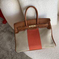 Hermes Fauve, Naturel and Paprika Toile and Barenia Flag Birkin 35 Handbag