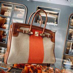Hermes Fauve, Naturel and Paprika Toile and Barenia Flag Birkin 35 Handbag