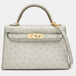 Hermès Gris Perle Ostrich Gold Finish Mini Kelly II Sellier 20 Bag