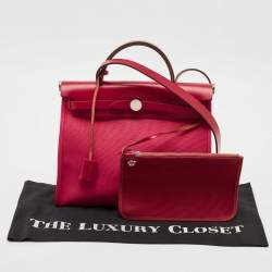 Pre Owned Hermes Rose Extreme/Rouge Venetian/Rouge Piment Toile Militaire and Vache Hunter Herbag 31 Bag