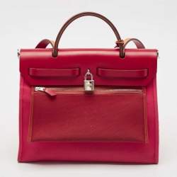 Pre Owned Hermes Rose Extreme/Rouge Venetian/Rouge Piment Toile Militaire and Vache Hunter Herbag 31 Bag