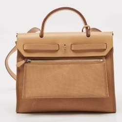 Pre Owned Hermes Dune/Naturel Sable/Orange Toile H and Vache Hunter Herbag Zip 31 Bag