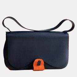 Hermes Colorado Canvas Leather Trim Dark Blue Saddle Bag