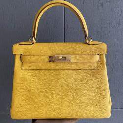 Hermes Amber Yellow Leather Kelly 28 Top Handle Bag