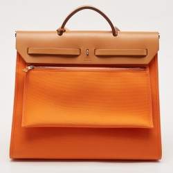 Pre Owned Hermès Orange/Natural Toile and Vache Hunter Herbag Zip 39 Bag