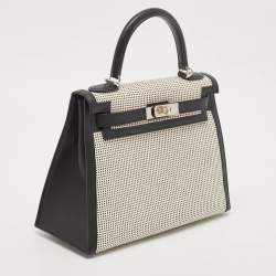 Hermes Noir/Ecru/Blanc Toile Quadrille and Swift Leather Palladium Finish Kelly Sellier 28 Bag