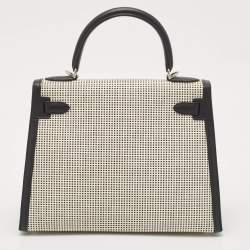 Hermes Noir/Ecru/Blanc Toile Quadrille and Swift Leather Palladium Finish Kelly Sellier 28 Bag