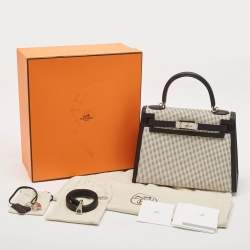 Hermes Noir/Ecru/Blanc Toile Quadrille and Swift Leather Palladium Finish Kelly Sellier 28 Bag