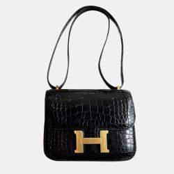Hermes Black Shiny Crocodile Leather Constance 19 Shoulder Bag