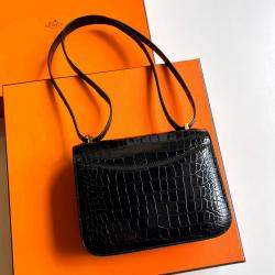 Hermes Black Shiny Crocodile Leather Constance 19 Shoulder Bag