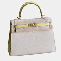Hermes Milk White and Lemon Yellow Epsom Leather Brushed Kelly 25