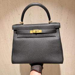 Hermes Black Clemence Leather Kelly 28 Top Handle Bag