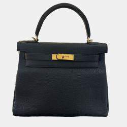 Hermes Black Clemence Leather Kelly 28 Top Handle Bag