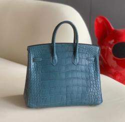 Hermes Duck Blue Matte Crocodile Leather Birkin 25 Top Handle Bag
