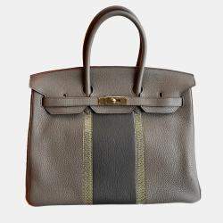 Hermes Etain Grey Togo and Lizard Leather Birkin 35 Top Handle Bag