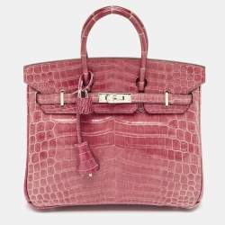 Hermes Rose Tyrien Shiny Niloticus Crocodile Palladium Finish Birkin 25 Bag
